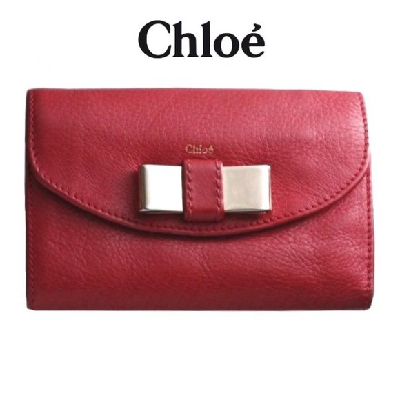 Chloe Ribbon Genuine Leather Trifold Wallet Red - Picture 1 of 11